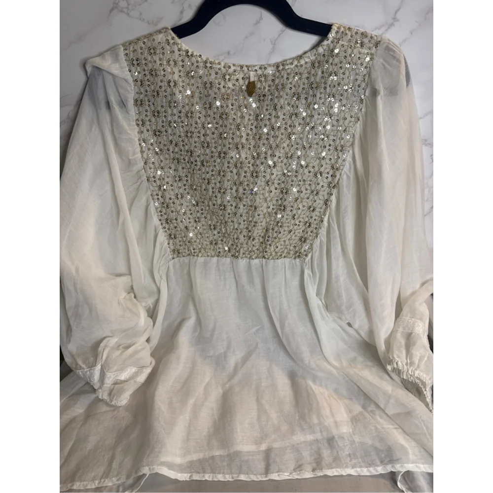 Women's Ruthyava Off-White Gold Sequin Bohemian Blouse - Picture 2 of 3